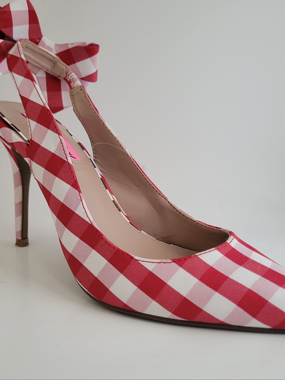 Betsey Johnson Ginjet Red and White Gingham Slingback Heels with Ankle Bows - Picture 5 of 11